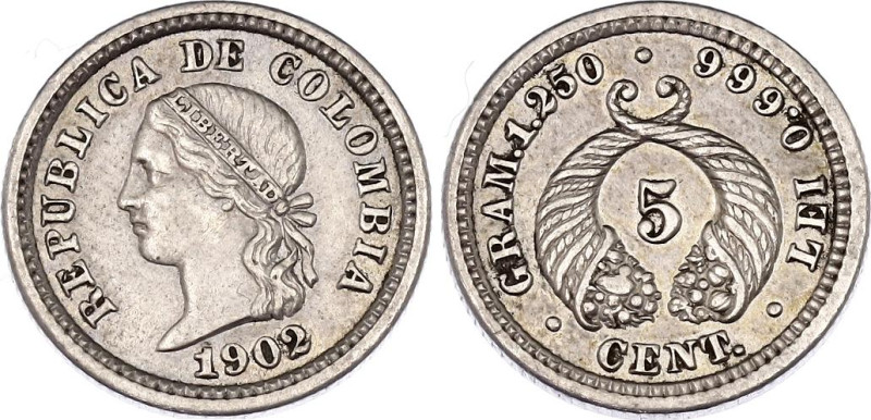 Colombia 5 Centavos 1902
KM# 191, N# 20778; Silver; AUNC/UNC with minor hairlin...