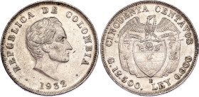Colombia 50 Centavos 1932 B
KM# 193.1, N# 20273; Silver; XF/AUNC