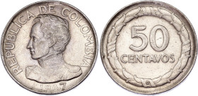 Colombia 50 Centavos 1947 B
KM# 209, N# 28022; Silver; XF/AUNC