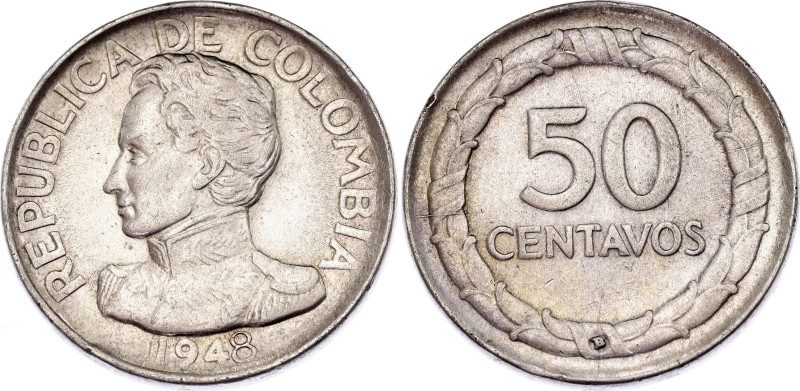 Colombia 50 Centavos 1948 B
KM# 209, N# 28022; Silver; XF+