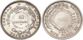 Costa Rica 50 Centimos 1923 (1893) Counterstamped Coinage
KM# 159, N# 8764; Silver; XF+
