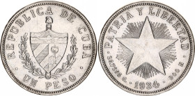 Cuba 1 Peso 1934
KM# 15.2, N# 9263; Silver; Philadelphia Mint; AUNC