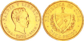 Cuba 10 Pesos 1916
KM# 20, JMA# 107, Fr# 3, Y# 14, N# 20956; Gold (.900) 16.72 g.; José Martí; Philadelphia Mint; UNC Luster