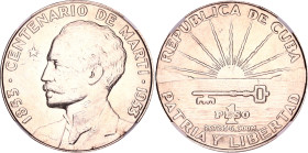 Cuba 1 Peso 1953 NGC MS 61
KM# 29, N# 9262; Silver; 100th Anniversary of José Martí birthdate – José Martí