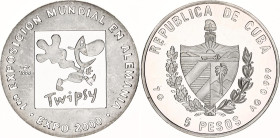 Cuba 5 Pesos 1999
KM# 659, N# 194651; Silver., Proof; History of the world expositions EXPO 2000 - Twipsy