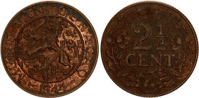 Curacao 2-1/2 Cents 1944 D
KM# 42, Schön# 34, N# 5781; Brass; Wilhelmina; Denver Mint; XF+