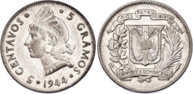 Dominican Republic 5 Centavos 1944
KM# 18a, N# 15458; Billon; AUNC, weak strike