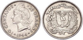 Dominican Republic 10 Centavos 1944
KM# 19, N# 5337; Silver; XF