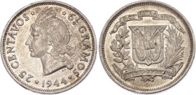 Dominican Republic 25 Centavos 1944
KM# 20, N# 10190; Silver; XF