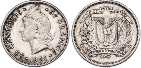 Dominican Republic 25 Centavos 1951
KM# 20, N# 10190; Silver; XF+