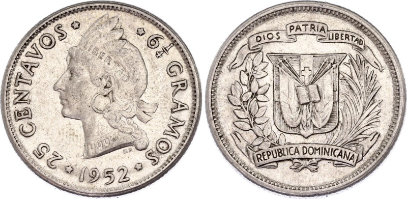 Dominican Republic 25 Centavos 1952
KM# 20, N# 10190; Silver; XF