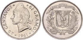 Dominican Republic 25 Centavos 1961
KM# 20, N# 10190; Silver; UNC with full mint luster