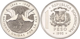 Dominican Republic 1 Peso 1995
KM# 87a, N# 32454; Silver., Proof; 50th Anniversary of the United Nations; Royal Mint, Llantrisant
