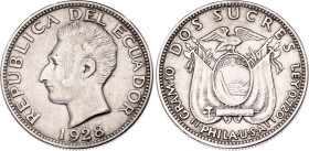 Ecuador 2 Sucres 1928
KM# 73, N# 14521; Silver; XF-