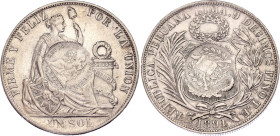 Guatemala 1 Peso 1894 (1891) Counterstamped over Peru 1 Sol 1891 T.F.
KM# 224, N# 17254; Silver; UNC- with minor hairlines