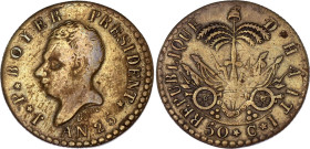 Haiti 50 Centimes 1828 AN 25
KM# 20a, N# 28724; Copper; XF, unmounted
