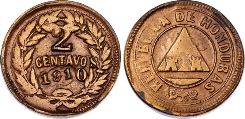 Honduras 2 Centavos 1910 Counterstamped on 1 Centavo
KM# 69, N# 10899; Mule Coi...