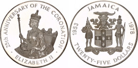 Jamaica 25 Dollars 1978
KM# 76, N# 40617; Silver 136.05 g., Proof; 25th Anniversary of the Coronation of Queen Elizabeth II; Mintage 22000 pcs.; With...