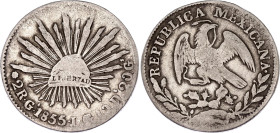 Mexico 2 Reales 1855 Ga JG
KM# 374.6, N# 15077; Silver; VF-
