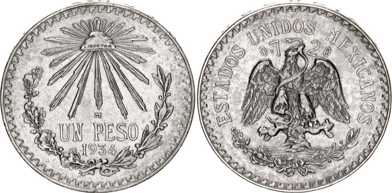 Mexico 1 Peso 1934 M
KM# 455, N# 4382; Silver; AUNC/UNC