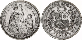 Peru 1/2 Dinero 1910 FG
KM# 206, N# 5413; Silver; AUNC with minor hairlines