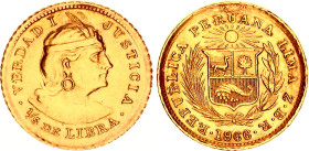 Peru 1/5 Libra 1966 ZBR Trade Coinage
KM# 210, N# 25403; Gold (.917) 1.60 g.; Lima Mint; Mintage 60000; AUNC/UNC