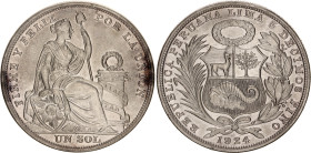 Peru 1 Sol 1924
KM# 218.1, N# 4639; Silver; Philadelphia Mint; AUNC