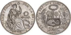 Peru 1 Sol 1934
KM# 218.2, N# 4639; Silver; Philadelphia Mint; AUNC