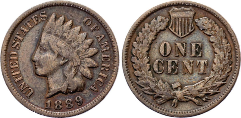 United States 1 Cent 1889
KM# 90a, N# 2356; Copper; "Indian Head Cent"; XF+