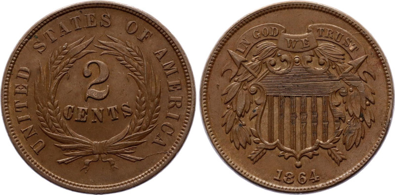 United States 2 Cents 1864
KM# 94, N# 2296; Bronze; "Union Shield"; XF