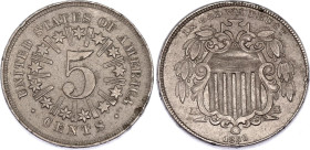 United States 5 Cents 1866
KM# 96, N# 14852; "Shield Nickel"; XF