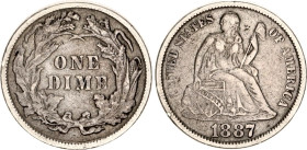 United States 10 Cents 1887
KM# A92, N# 317075; Silver; "Seated Liberty Dime" w/o stars; Philadelphia Mint; VF+