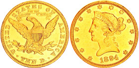 United States 10 Dollars 1894
KM# 102, N# 16134; Gold (.900) 16.72 g.; Coronet Head - With motto; Philadelphia Mint; AUNC