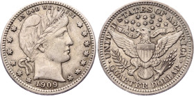 United States 1/4 Dollar 1909
KM# 114, N# 10591; Silver; "Barber Quarter"; XF