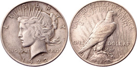United States 1 Dollar 1922
KM# 150, N# 5580; Silver; "Peace Dollar"; VF+