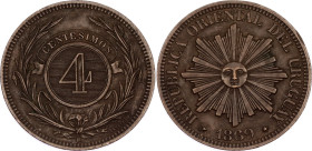 Uruguay 4 Centesimos 1869 H
KM# 13, SA# 20, N# 4359; Bronze; Heaton's Mint, Birmingham; UNC