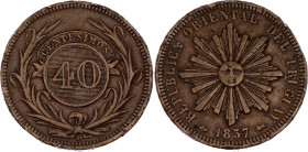 Uruguay 40 Centesimos 1857 D
KM# 10, SA# 13, N# 8897; Copper; Lyon Mint; VF-XF