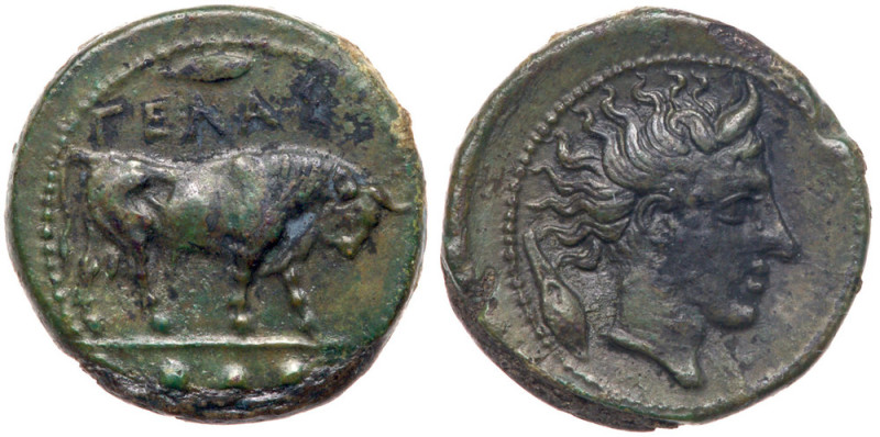 Sicily, Gela. &AElig; Tetras, 16 mm (3.38 g), ca. 420-405 BC. &Gamma;E&Lambda;A&...