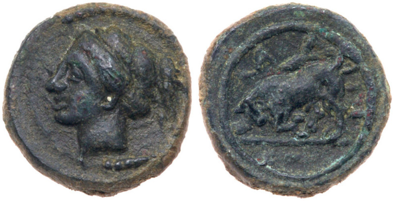 Sicily, Kamarina. &AElig; Onkia 13 mm (1.71 g), ca. 339-300 BC. Female head left...