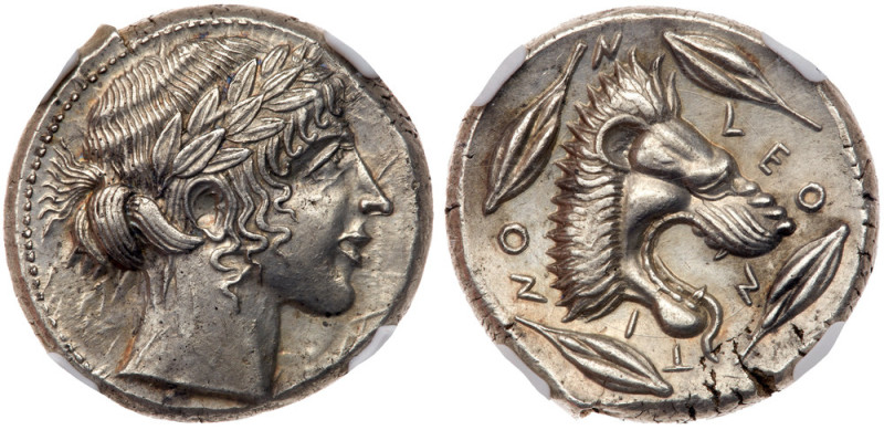 Sicily, Leontinoi. Silver Tetradrachm (17.38 g), ca. 450-440 BC. Laureate head o...