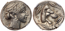 Sicily, Leontinoi. Silver Tetradrachm (17.38 g), ca. 450-440 BC. AU