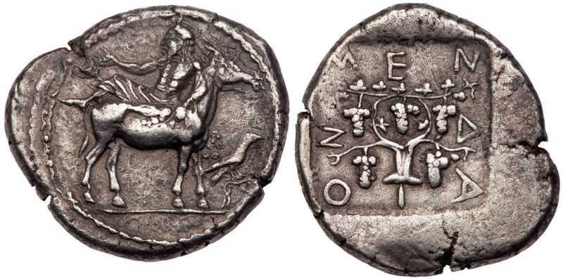 Macedonia, Mende. Silver Tetradrachm (17.19 g), ca. 460-425 BC. Dionysos, inebri...