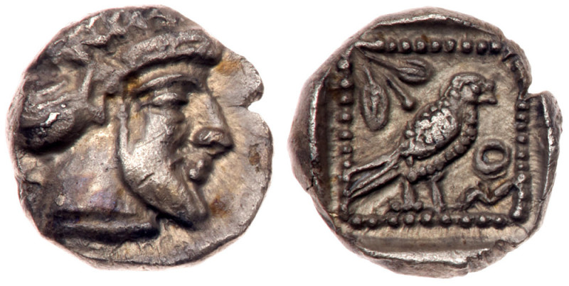 Philistia, Gaza. Obol (0.66 g), mid 5th century-333 BC. Archaic laureate and bea...