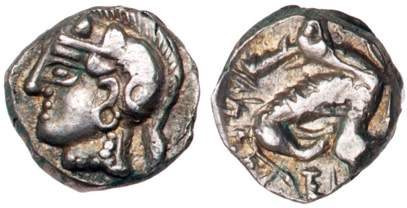 Samaria. Signed series. Silver Obol (0.73 g), ca. 375-333 BC. Helmeted head of A...