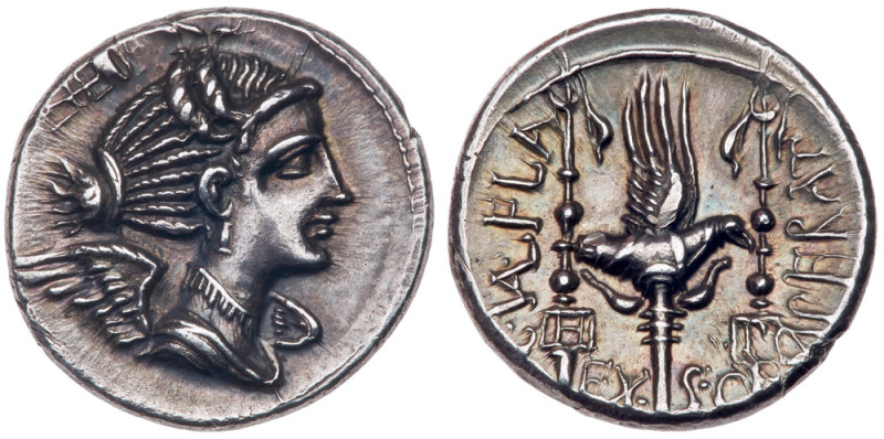 C. Valerius C.f. L.n. Flaccus. Silver Denarius (3.82 g), 82 BC. Massilia. Draped...