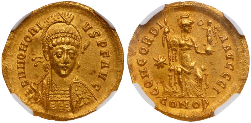 Honorius, AD 393-423. Gold Solidus (4.43 g), Constantinople, 10th officina, stru...