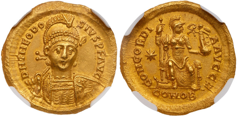 Theodosius II, AD 402-450. Gold Solidus (4.42 g). Constantinople 408-420. 7th of...