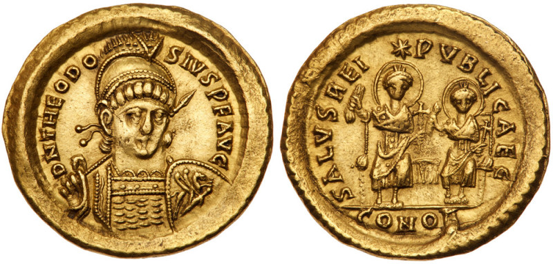 Theodosius II with Valentianian III Gold Solidus (4.47 g), AD 402-450. Constanti...