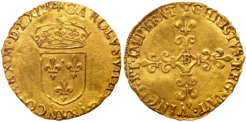 France. Charles IX (1560-1574). Gold Ecu d'or, 1563-B (Rouen). Crowned Ecu of Fr...