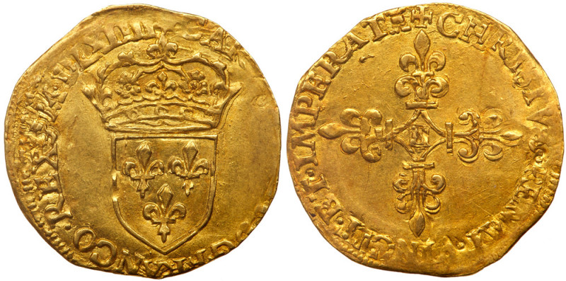 France. Charles IX (1560-1574). Gold Ecu d'or, 1564-E. Tours mint. Crowned Ecu o...